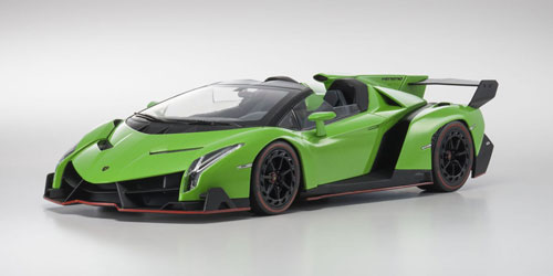 LAMBORGHINI VENENO ROADSTER – GREEN WITH RED ACCENT BODY STRIPES – BLACK ALLOY WHEELS (C09502GRR) 1:18 model