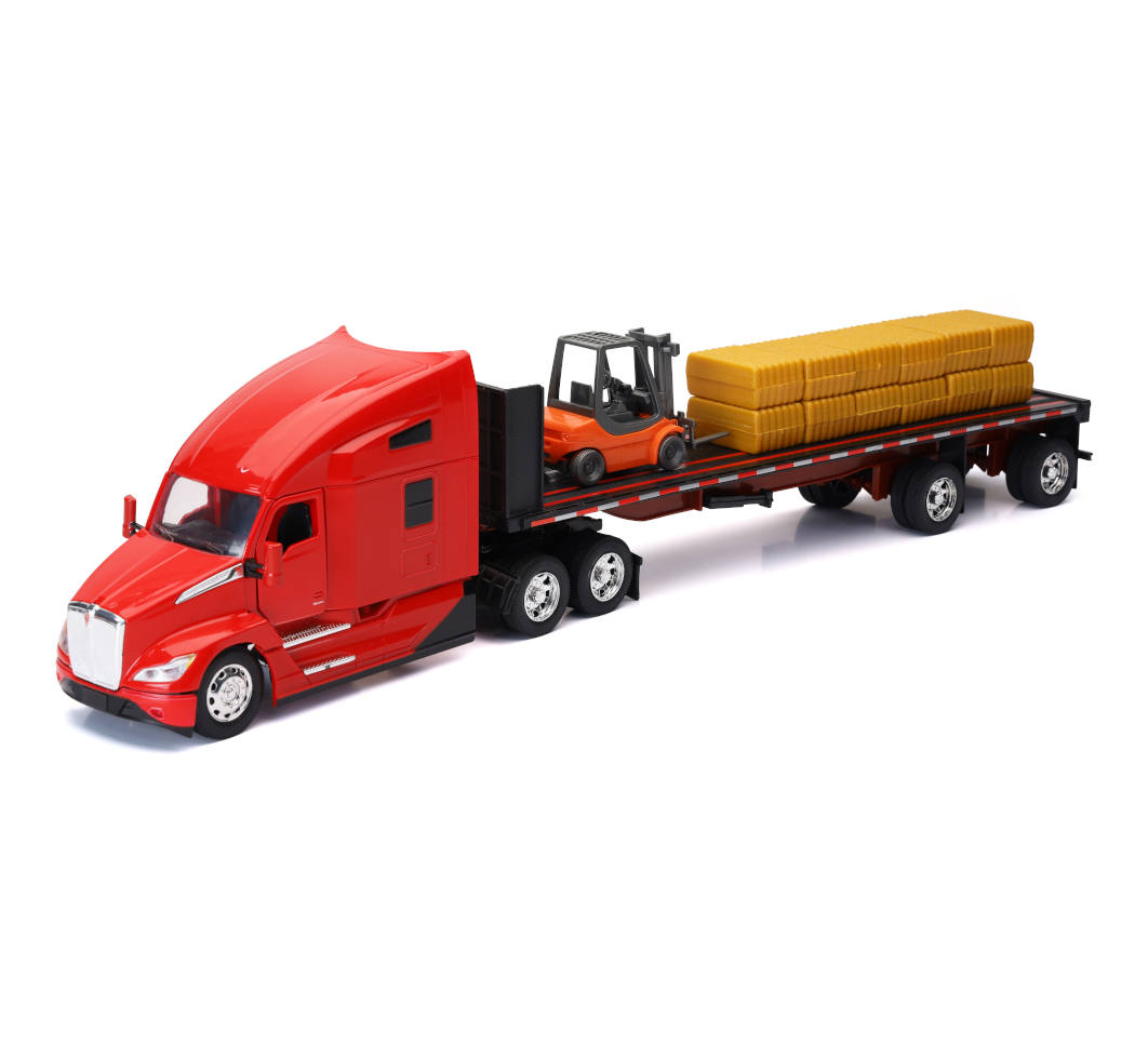 New-Ray Kenworth T680 Flatbed W/ Forklift and Hay Bales diecast model