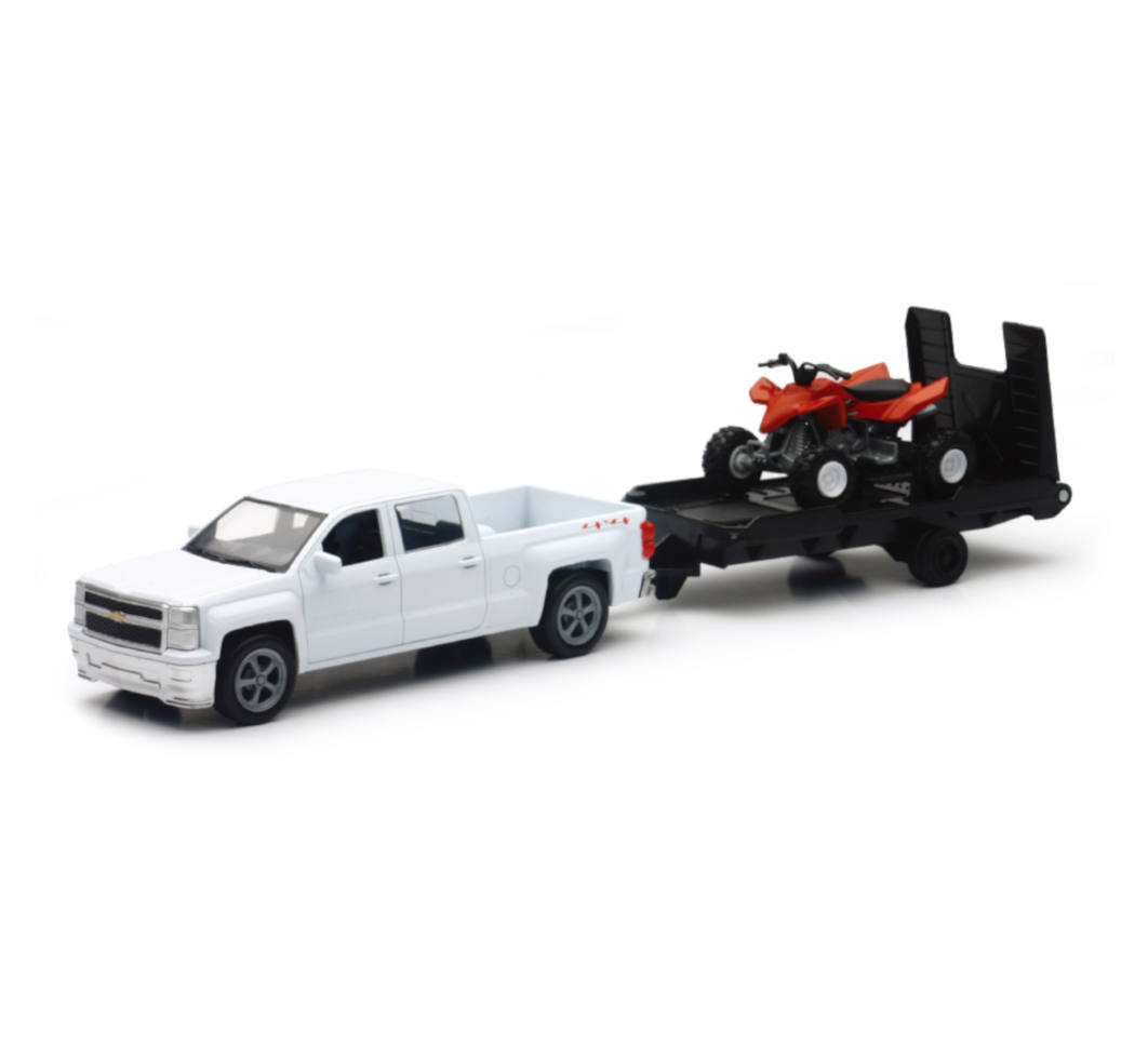 Packaged New-Ray Chevrolet Silverado model and ATV suitable for documented storage