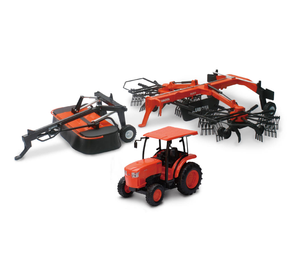 New-Ray Kubota Farm Tractor W/ Rake & Disc Mower diecast model