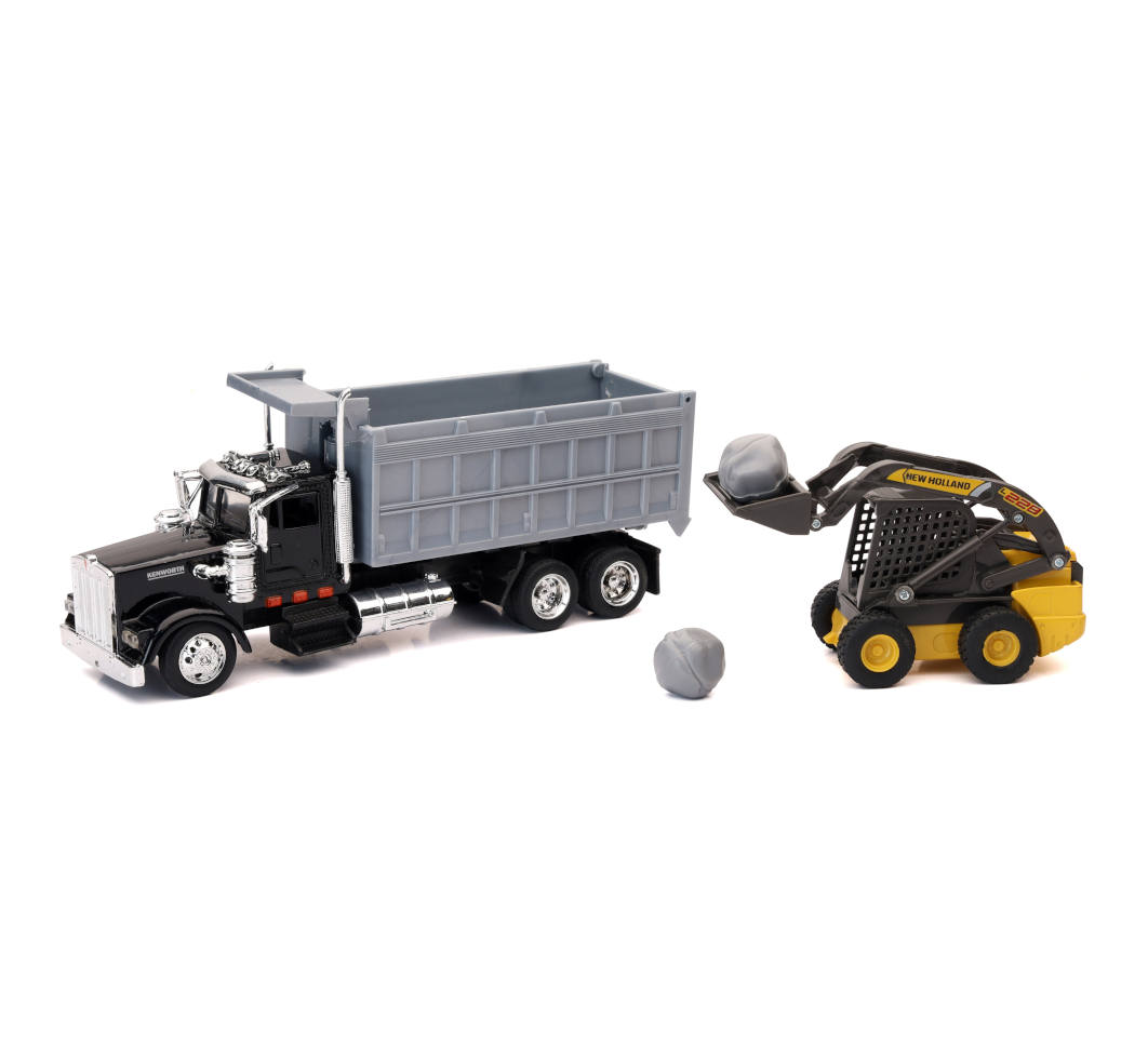 New-Ray Kenworth Dump Truck W/ New Holland Skid Loader diecast model