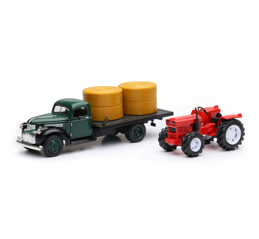 New-Ray Die Cast 1941 Chevy Flatbed W/ Farm Tractor diecast model
