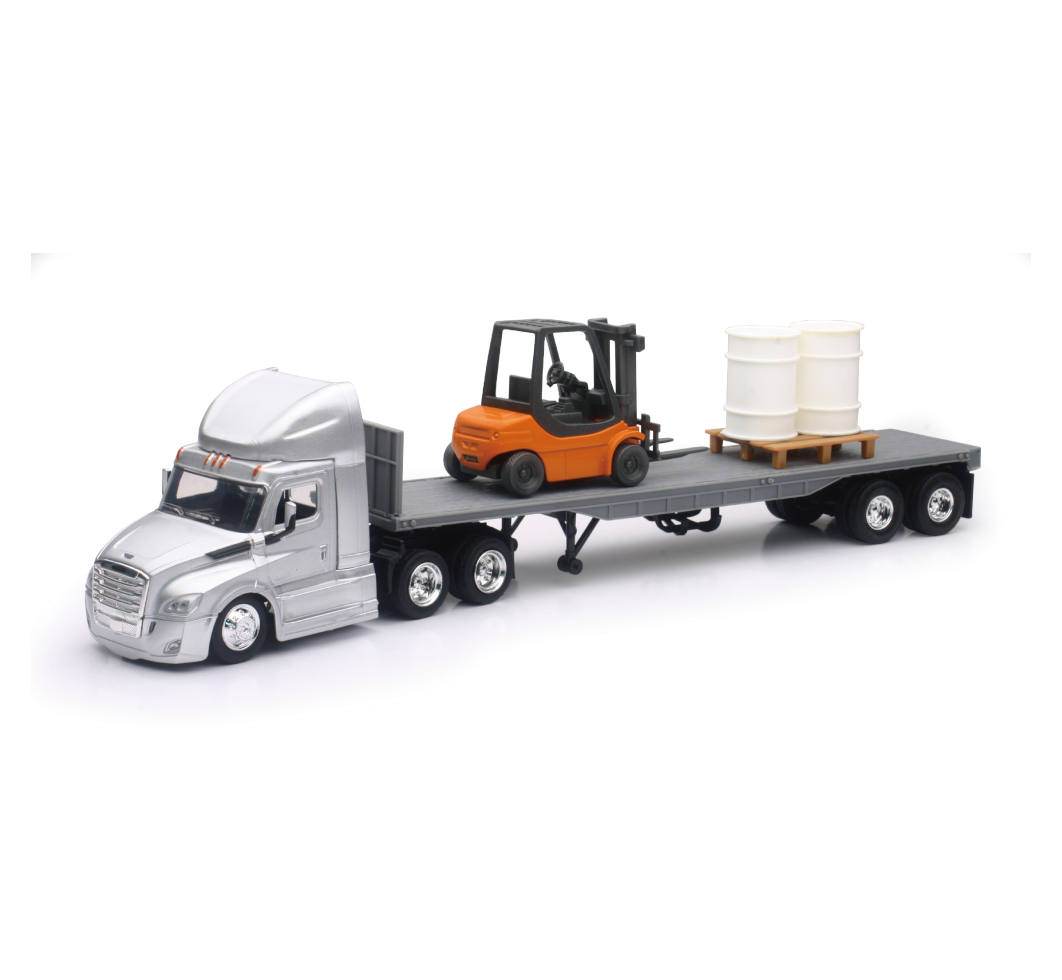 New-Ray Freightliner Cascadia Flatbed W/ Forklift & Barrels diecast model