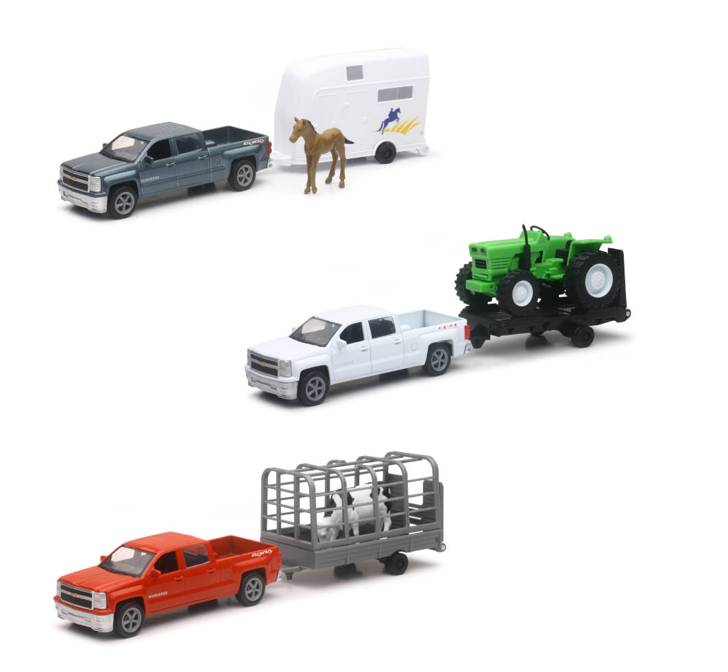 New-Ray Chevrolet Silverado Pick Up W/ Farm Trailer diecast model