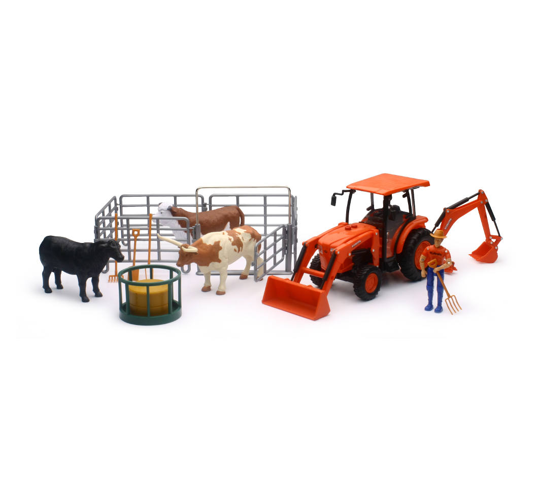 New-Ray Kubota Farm Tractor W/ Ranch Cow Set diecast model