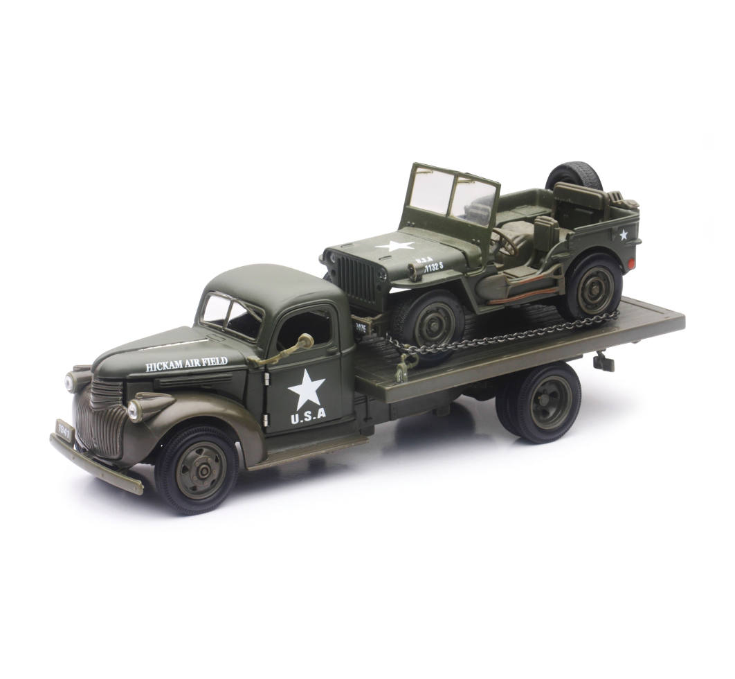 New-Ray 1941 Chevy Military Flatbed Truck W/ Jeep Willys diecast model