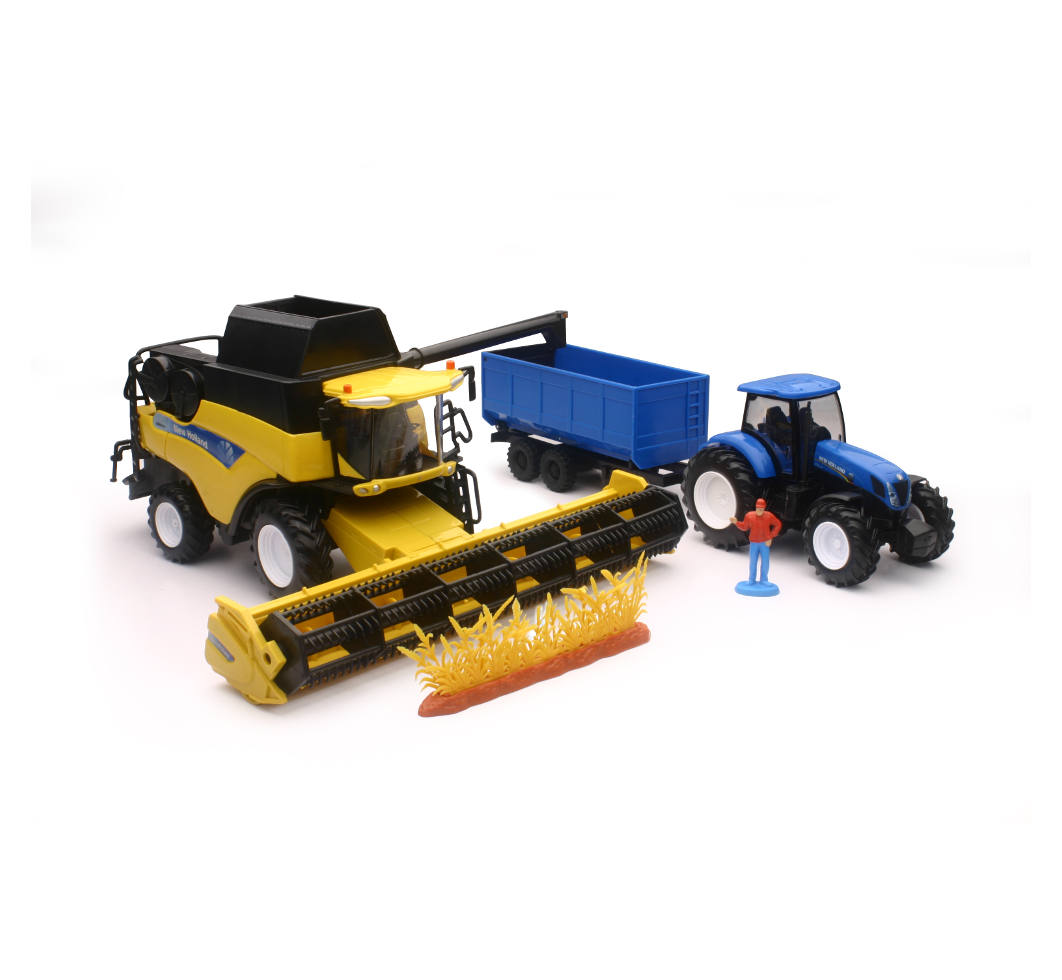 New-Ray New Holland Harvester W/ Farm Tractor Trailer Set diecast model